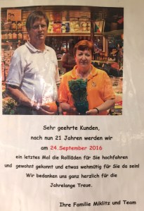 Mit diesem Aushang verabschiedete sich das Ehepaar Miklitz von seinen Kunden